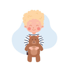 Happy blond boy hugging teddy bear toy, favorite childrens toy, entertainment and affection cartoon vector illustration
