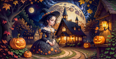 Mystical Halloween: A Little Witch Sitting in a Halloween Painting Illustration.