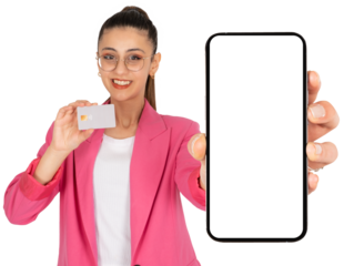 Mobile e-commerce offer, portrait of attractive woman holding bank credit card and showing white blank empty screen mobile cell phone mock up. Transparent, png background. Easy online money.