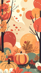 Creative illustration with pumpkins in the autumn forest, generative AI.