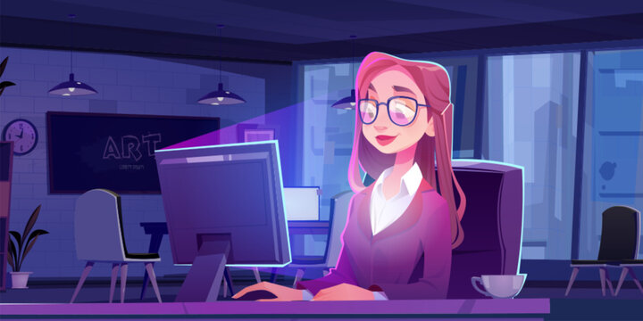 Young Business Woman Working In Office At Night. Vector Cartoon Illustration Of Busy Female Character Wearing Eyeglasses And Suit Typing On Desktop Computer. Company Employee Working Overtime