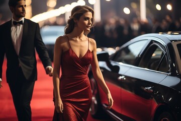 Couple arriving with limousine walking red carpet, Woman in a luxurious dress on a red carpet. Blurred Background with a Copy Space. Made With Generative AI. - obrazy, fototapety, plakaty