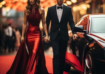 Luxury couple in red evening dress walking on the red carpet