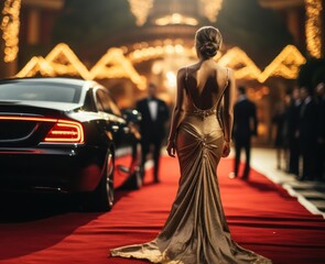 Fototapeta na wymiar Stylish Woman in Sexy Evening Dress Arriving to Award Ceremony Walking Red Carpet. Woman in a Luxurious Dress on a Red Carpet. Blurred Background with a Copy Space. Made With Generative AI.