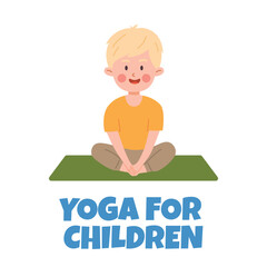 Cute blonde boy sitting cross-legged and meditating in yoga pose, healthy yoga exercise vector cartoon illustration