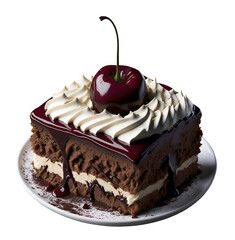 A cake with chocolate icing and cherry on top clipart on the white background. AI Generative.