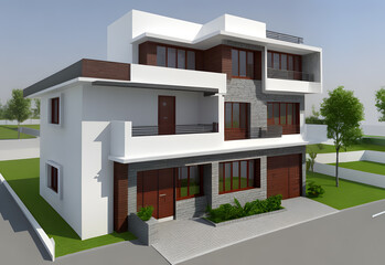 Realistic minimalist modern house 3d illustration display. Mock-up house. Multi-storey house