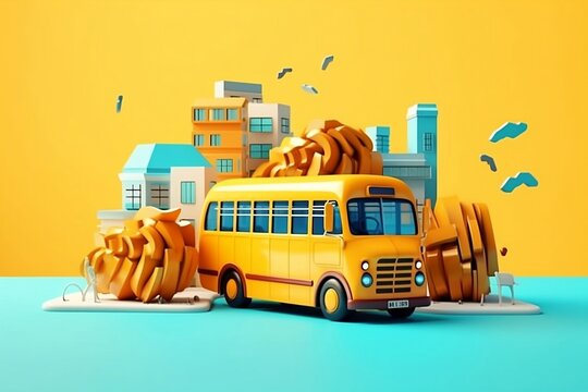 back to school concept with school bus and some related object 3d low poly graphic, generative AI