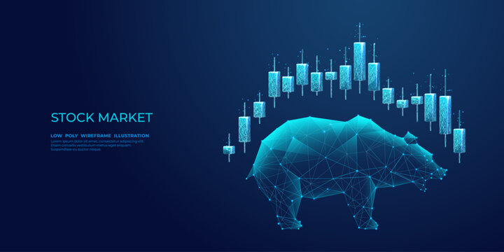 Japanese candlesticks and bear on a technology blue background. Stock market exchange or financial technology concept. Low poly wireframe vector illustration. Polygonal bear with futuristic elements.