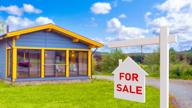 Cottage for sale. Purchase of country house. Single storey wooden villa. Sign with inscription for sale on lawn. Country real estate. Sale of cozy house. Real estate business concept