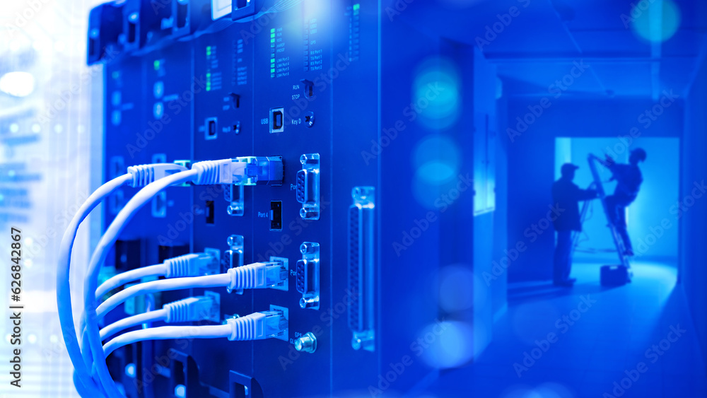 Poster network hardware. internet technology. wires are connected to network equipment. workers with ladder