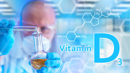 Synthesis of vitamin D 3. Formacologist with test tube. Chemical formula of omega vitamin. D 3 logo...