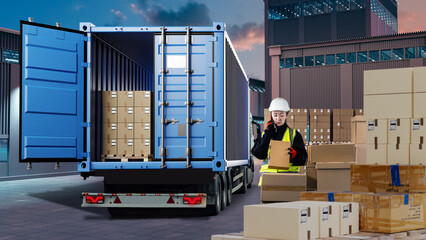 Cargo transportation. Woman near truck. Logistics company manager. Truck in factory. Boxes with...