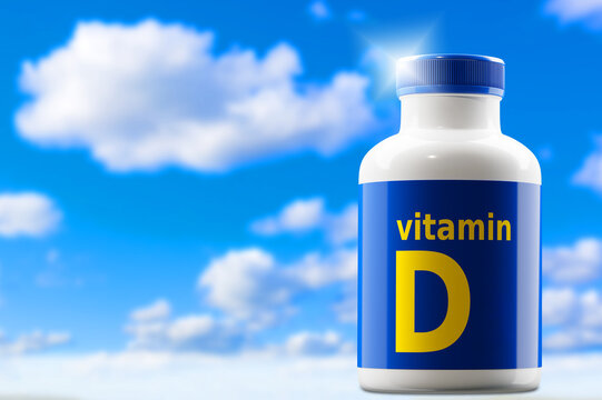 Vitamin D. Plastic jar for pills. Packaging with vitamins against sky. Omega 3 for health support. Vitamins to improve immunity. Vitamins D3 logo. Sitocalciferol, ergocalciferol. 3d image