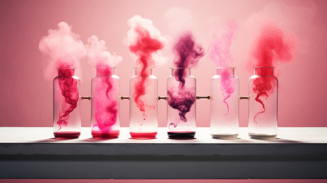 Potions. Love spell potion. Test tubes with pink smoke. AI generated image