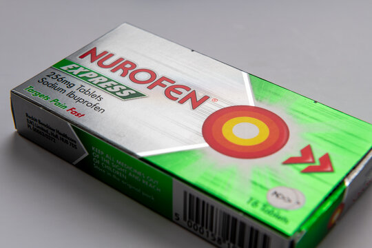 London. UK- 07.23.2023. A box of Nurofen pain relief medicine isolated in grey.