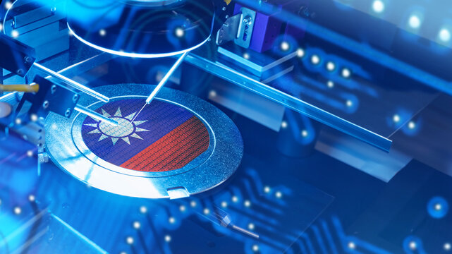 Taiwan microelectronics. Microchip production. Equipment for creating microprocessors. Taiwan flag on microchip machine. Production of digital boards. Microchip manufacturing in Taiwan