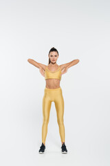 active lifestyle, aerobics, woman exercising on white background, perseverance and motivation