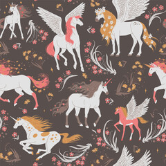 Fantastic fairy horses, unicorns and pegasus, seamless pattern - cartoon flat vector illustration. © sabelskaya
