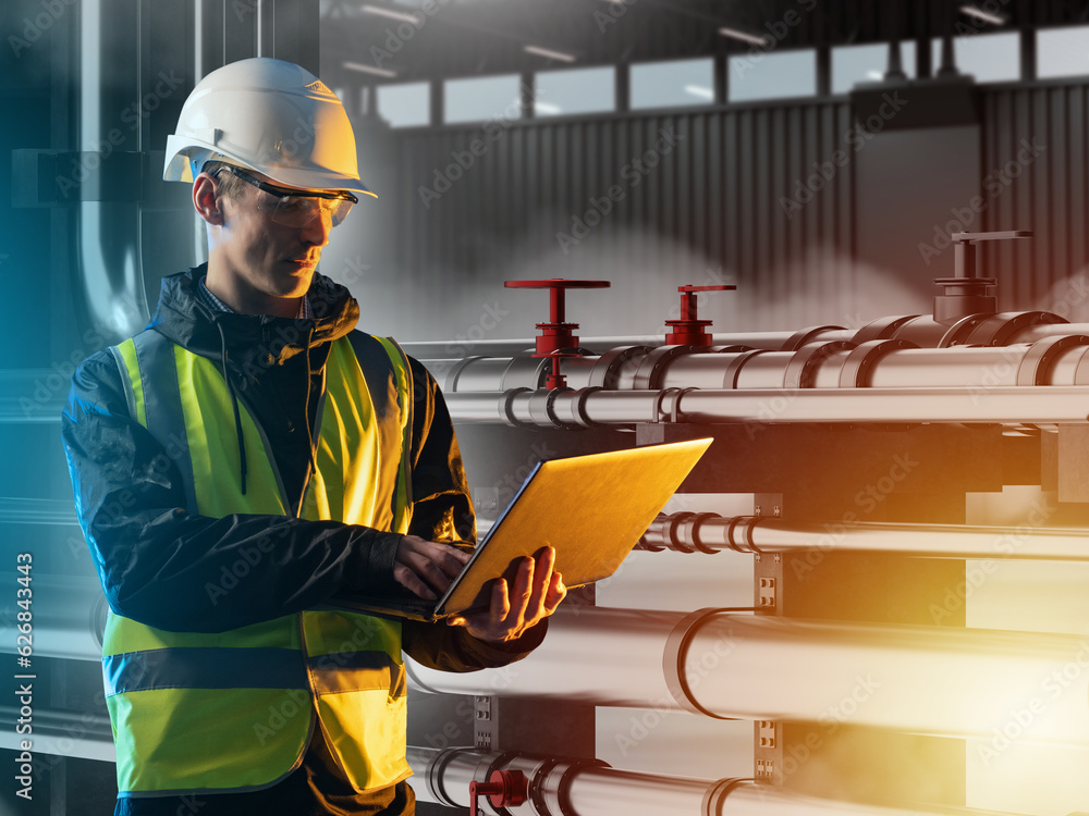 Poster man engineer. factory worker with laptop. guy in industrial building with pipes. man factory employe