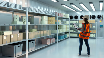 Woman in industrial refrigerator. Girl with laptop works in warehouse. Cold storage in factory....
