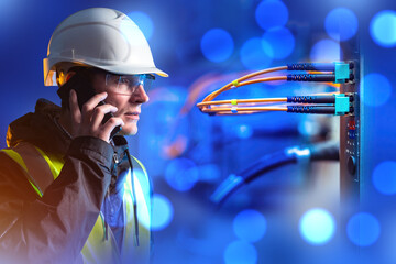 Employee of telecommunication company. Man worker with phone. Internet provider. Guy works for telecommunications company. Engineer man makes call. Telecommunication equipment with wires - obrazy, fototapety, plakaty