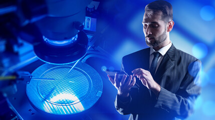 Businessman with tablet. Manufacture of microprocessors. Man controls production of digital circuit boards. Investments in production of microprocessors. Man studies PCB manufacturing.