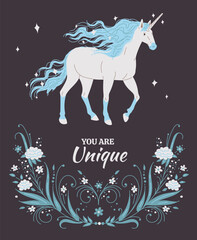 Magic unicorn poster, you are unique inscription, cartoon flat vector illustration. © sabelskaya
