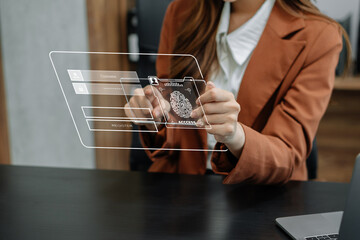 Cyber security, login, data protection concept Fingerprint scanning and authentication.