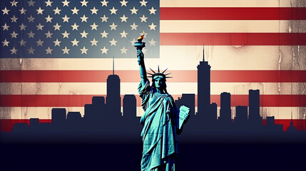 statue Patriot Day background new york city skyline and American grunge flag vector