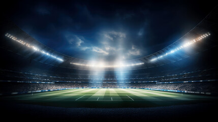 Fototapeta na wymiar Stadium lights against dark night sky background. Soccer match lights. AI