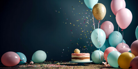 Birthday background with gifts,sweets, cake, candles, helium balloons, confetti.Greeting card, banner for celebration. Copy space. Birthday party composition with decoration. Generative ai