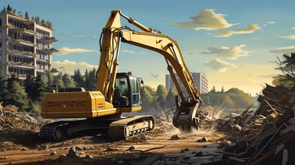 Excavator moving earth on housing building site with generative ai