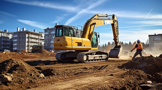 Excavator moving earth on housing building site with generative ai