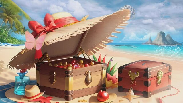 Tropical beach during summer with straw hat and wooden pirate treasure chest. Cartoon or anime illustration style. seamless looping 4K time-lapse virtual video animation background.