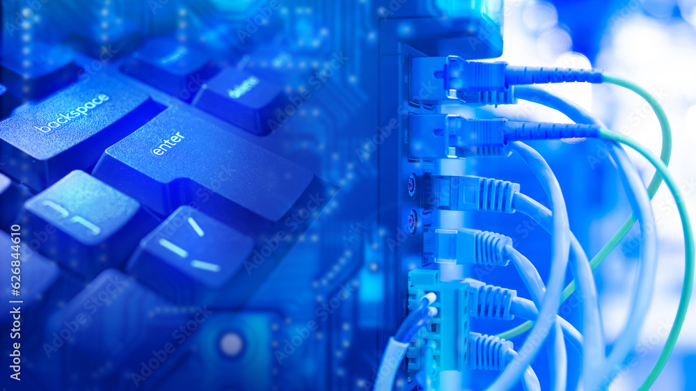 Poster network hardware. fragment of modem with wires. keyboard keys close-up. network equipment for provid