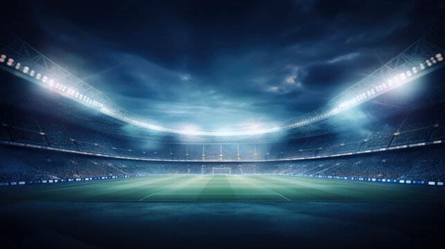 Stadium lights against dark night sky background. Soccer match lights. AI © brillianata