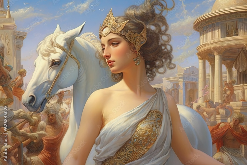 Wall mural Helen of Troy the most beautiful woman in the world from Homer’s epic the Iliad standing on the Troy’s city walls overlooking the city.  