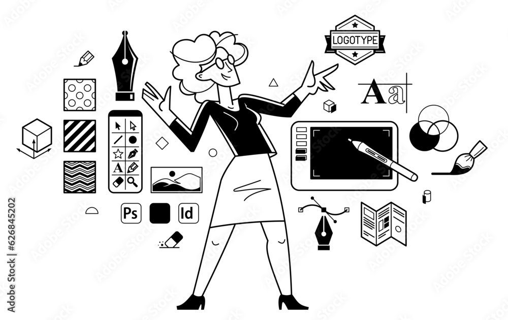 Poster graphic designer doing some creative job using computer software, digital visual artist working on a