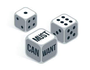 Can want and must vector business concept with rolling dices, motivation and plan.