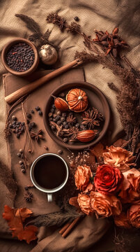 Autumn still life with a cup of coffee and flowers, generative AI. © puhimec
