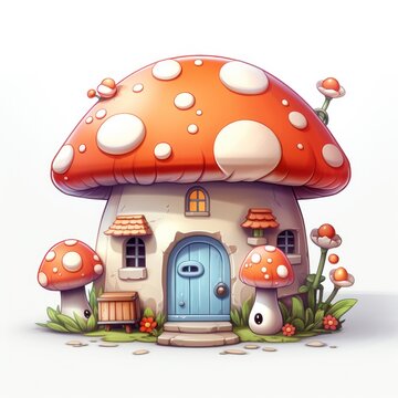 A cute mushroom house in a cartoon style with simple lines on a white background in the style of a game icon design.