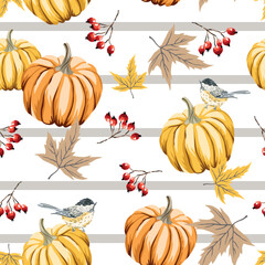 Autumn titmouse birds, pumpkins, maple leaves, berries, striped background. Vector seamless pattern. Fall season illustration. Forest nature design