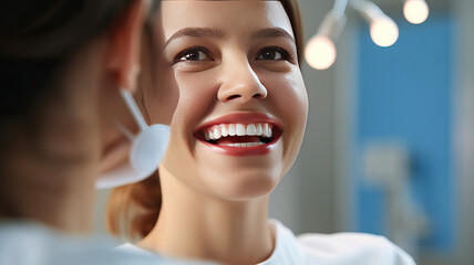 Young woman with perfect smile at the dentist, generative ai