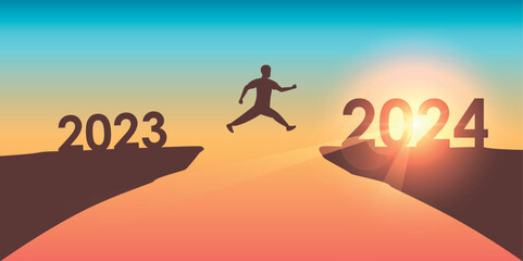 man jumping over a cliff from 2023 to 2024 on sunny blue background vector illustration EPS10