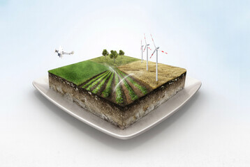 3D rendering of a four season agriculture landscape cut of on a plate with trees, wind turbines, fields and plane, 