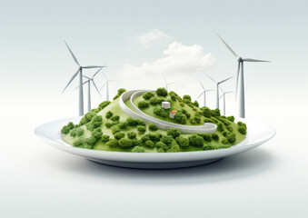 Green landscape on a plate with trees, wind turbines, and abstract futuristic architectural elements