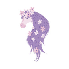 Hand drawn vector illustration of white horse head with purple mane and wreath of flowers, fantastic horses