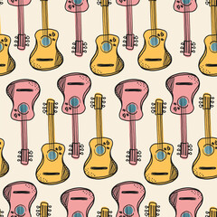 Fototapeta premium The guitar is a seamless pattern in cowboy style. Vector illustration. can be used for music-related merchandise, western-themed decorations, or promotional materials for country music events.