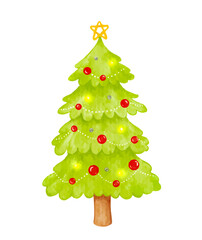 Hand drawn watercolor Christmas tree decorated